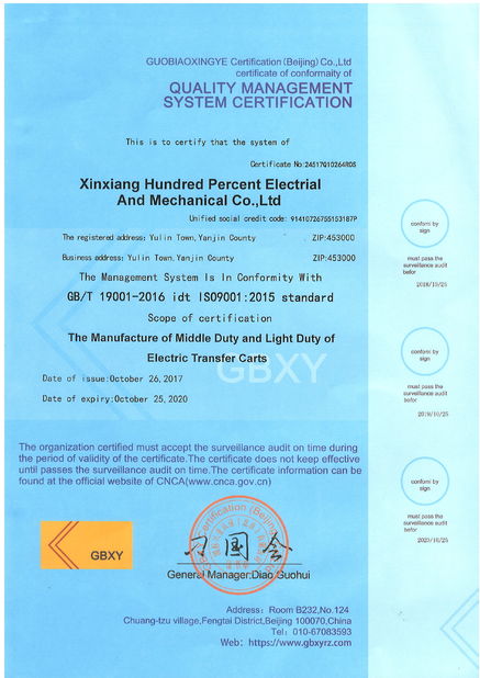 Chiny Xinxiang Hundred Percent Electrical and Mechanical Co.,Ltd Certyfikaty